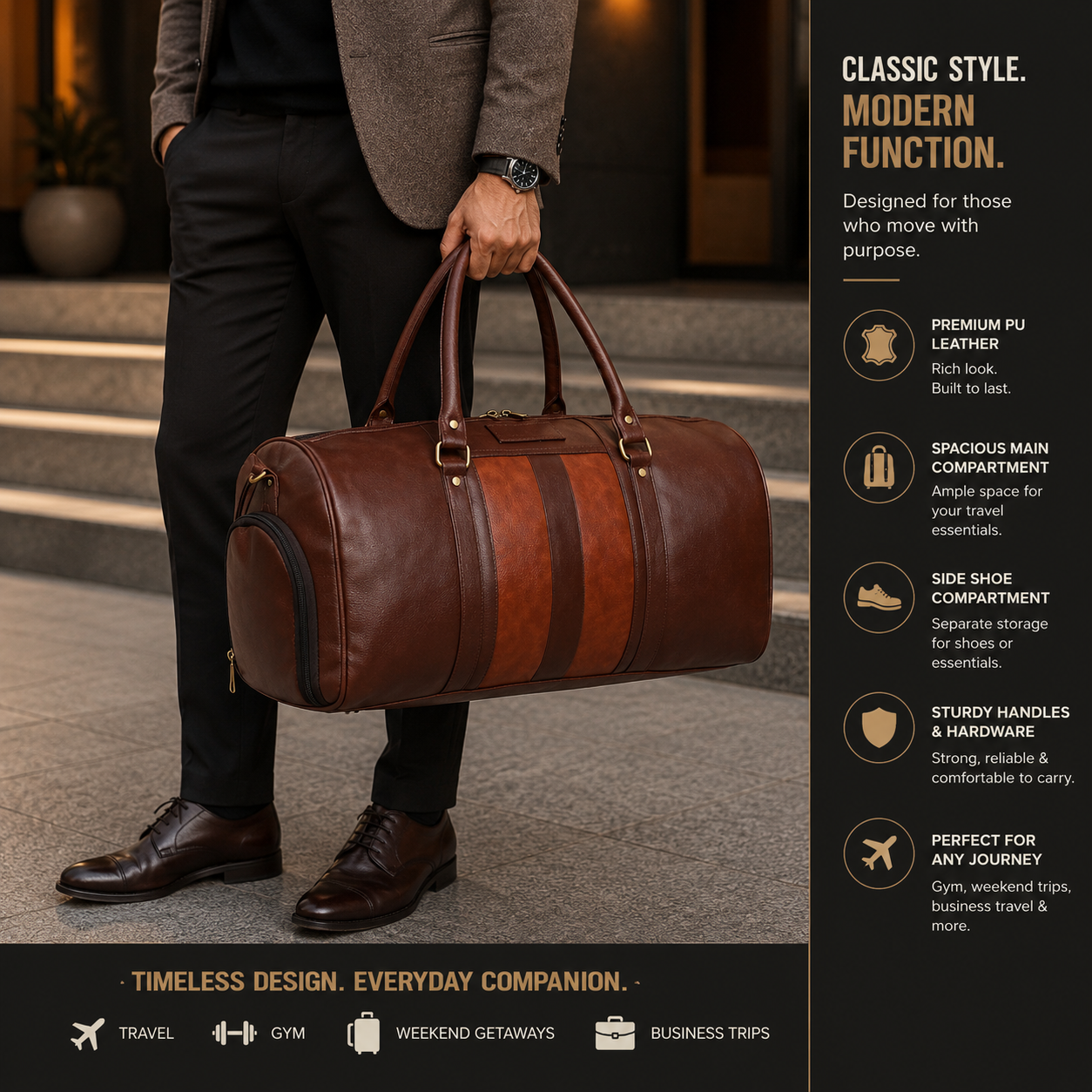 VoyagerX Vegan Leather Duffel with Shoe Compartment - 45 L