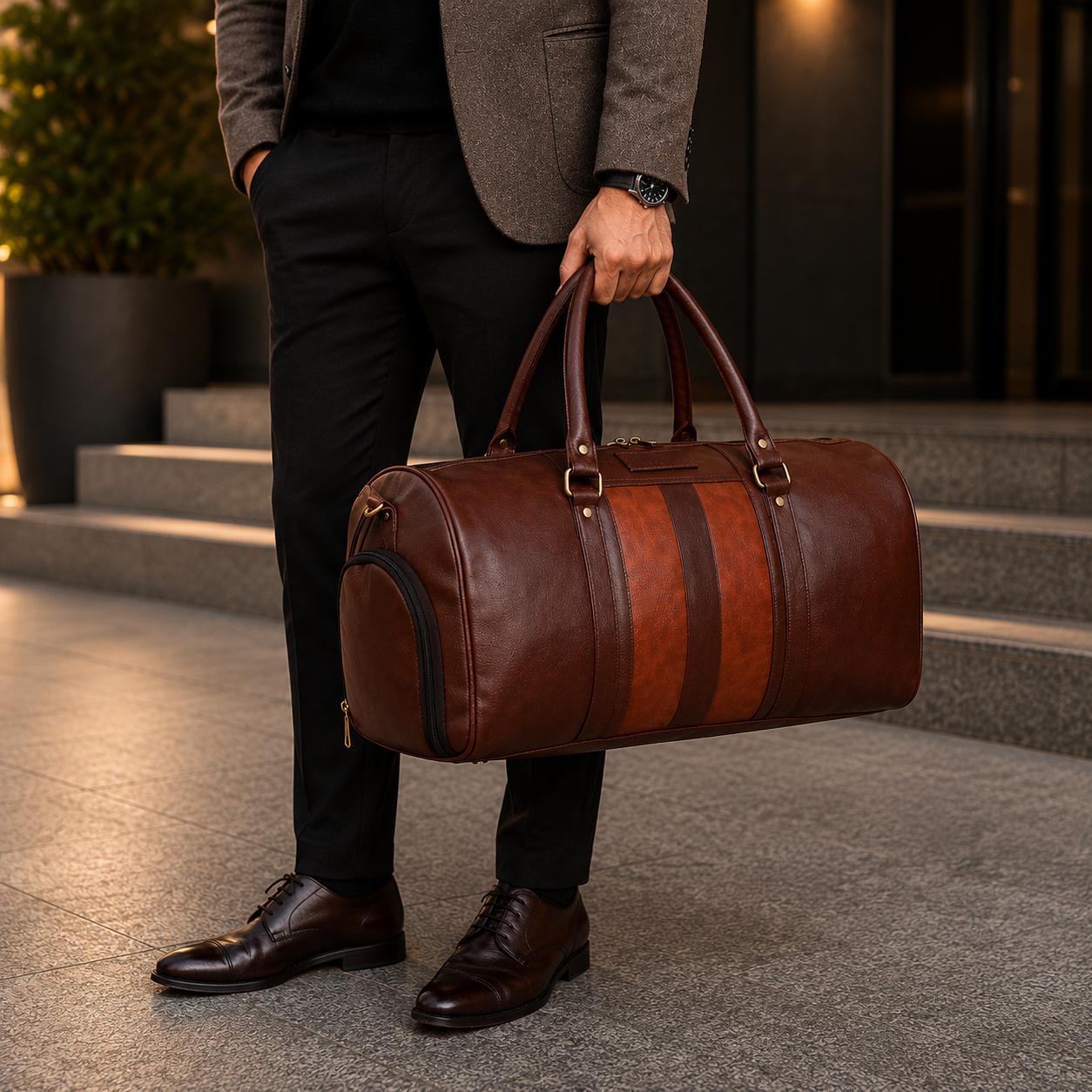 VoyagerX Vegan Leather Duffel with Shoe Compartment - 45 L