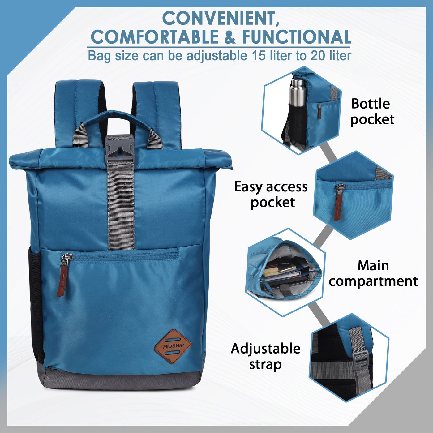 MIDSHIP Navigator 15" Nylon Roll Top Backpack - 15 L