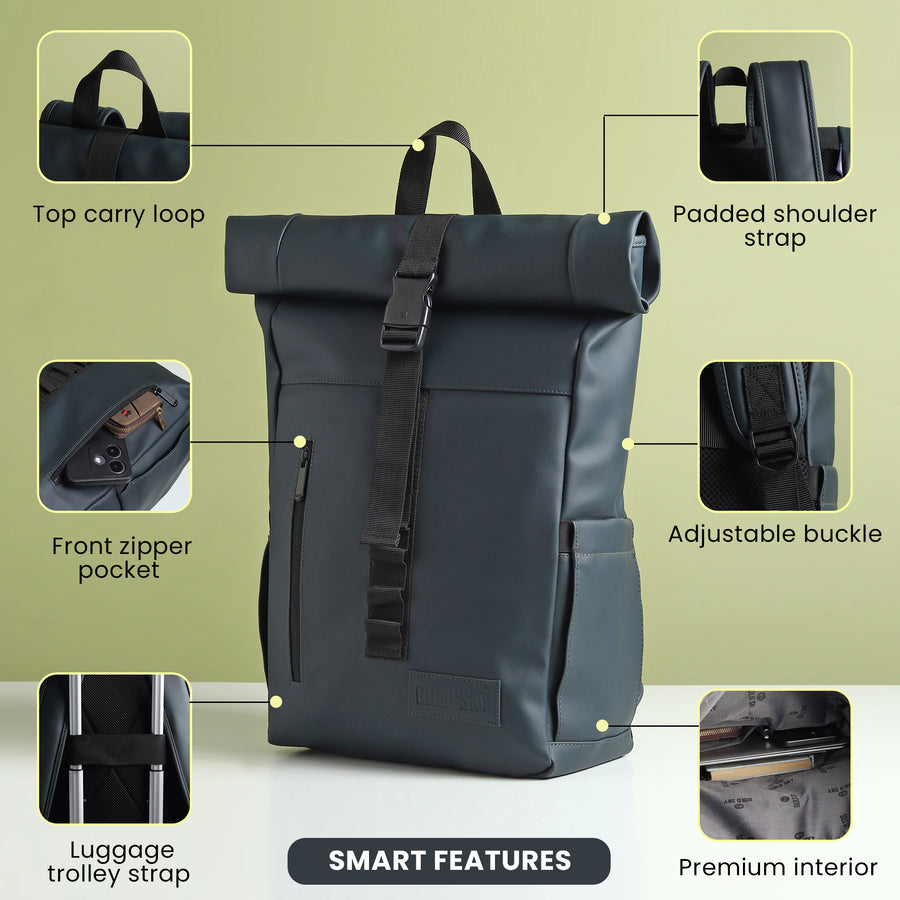 Vantior Premium Vegan Leather Roll Top Backpack
