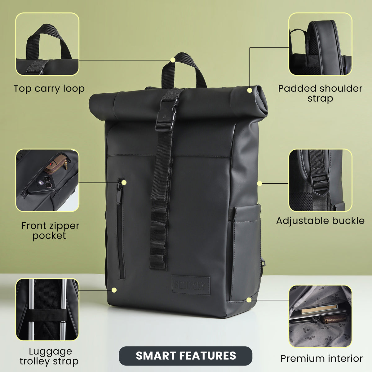 Vantior Premium Vegan Leather Roll Top Backpack