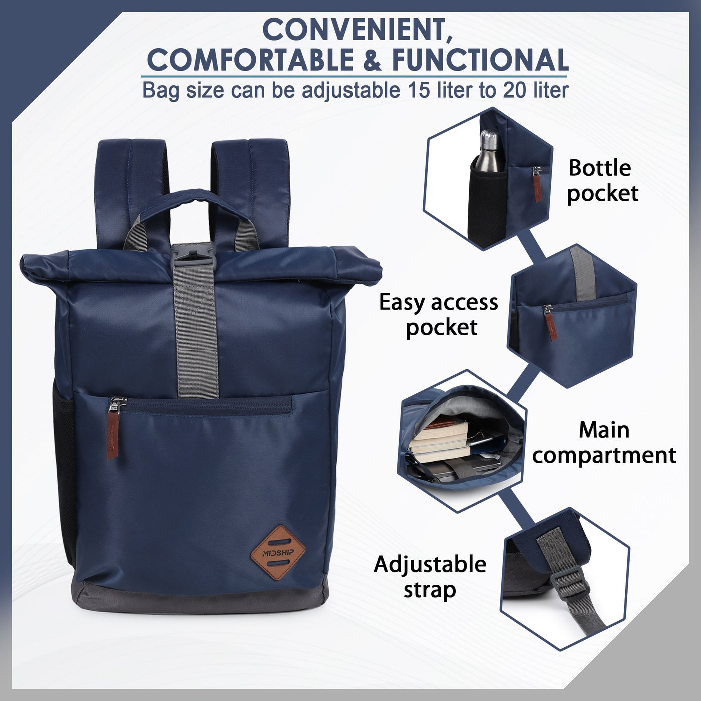 MIDSHIP Navigator 15" Nylon Roll Top Backpack - 15 L
