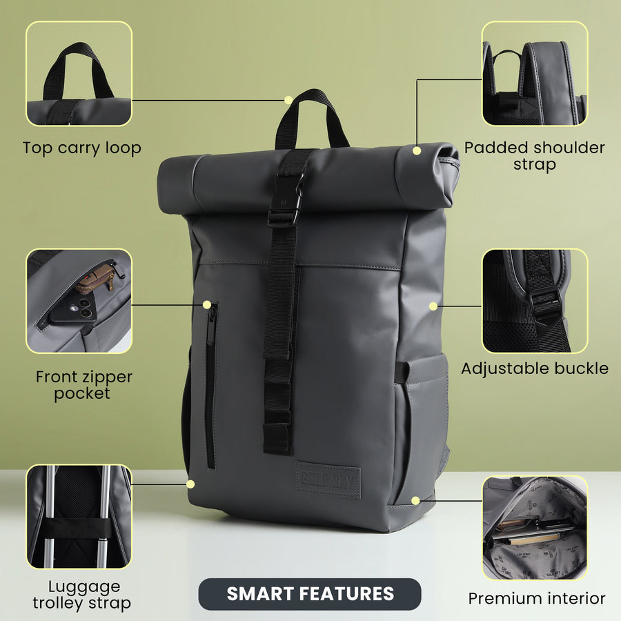 Vantior Premium Vegan Leather Roll Top Backpack